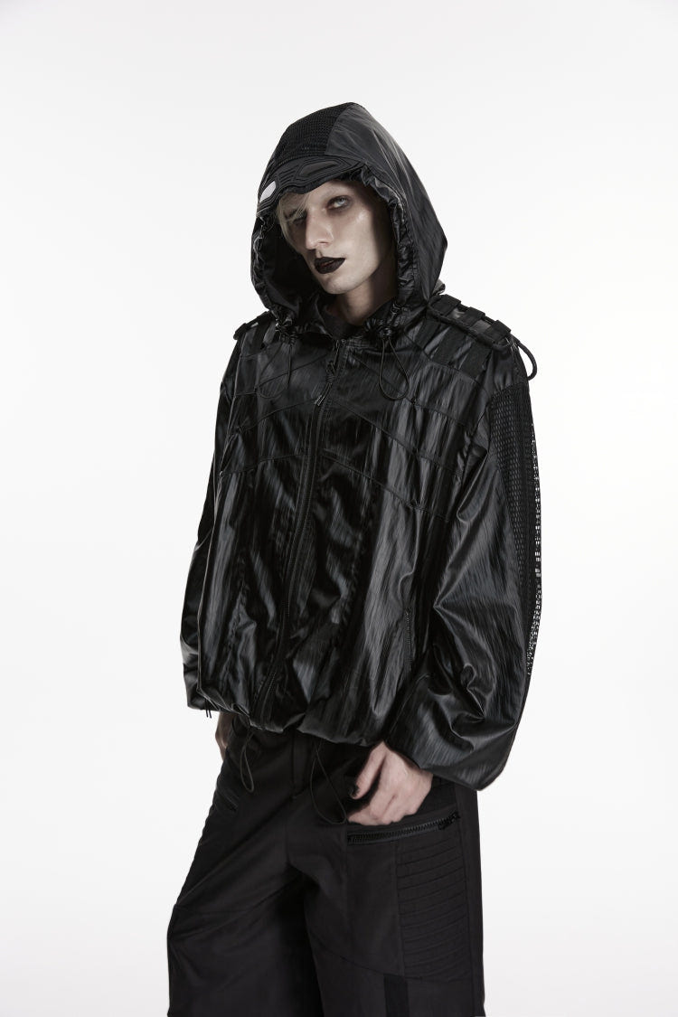 Black Lapel Collar Long Lantern Sleeves Lace-Up Hooded Mesh Zippered Men's  Punk Cool Jacket - Product - 7