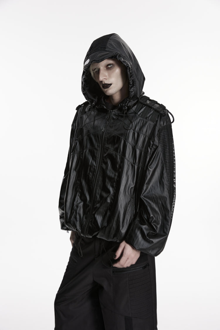 Black Lapel Collar Long Lantern Sleeves Lace-Up Hooded Mesh Zippered Men's  Punk Cool Jacket - Product - 7