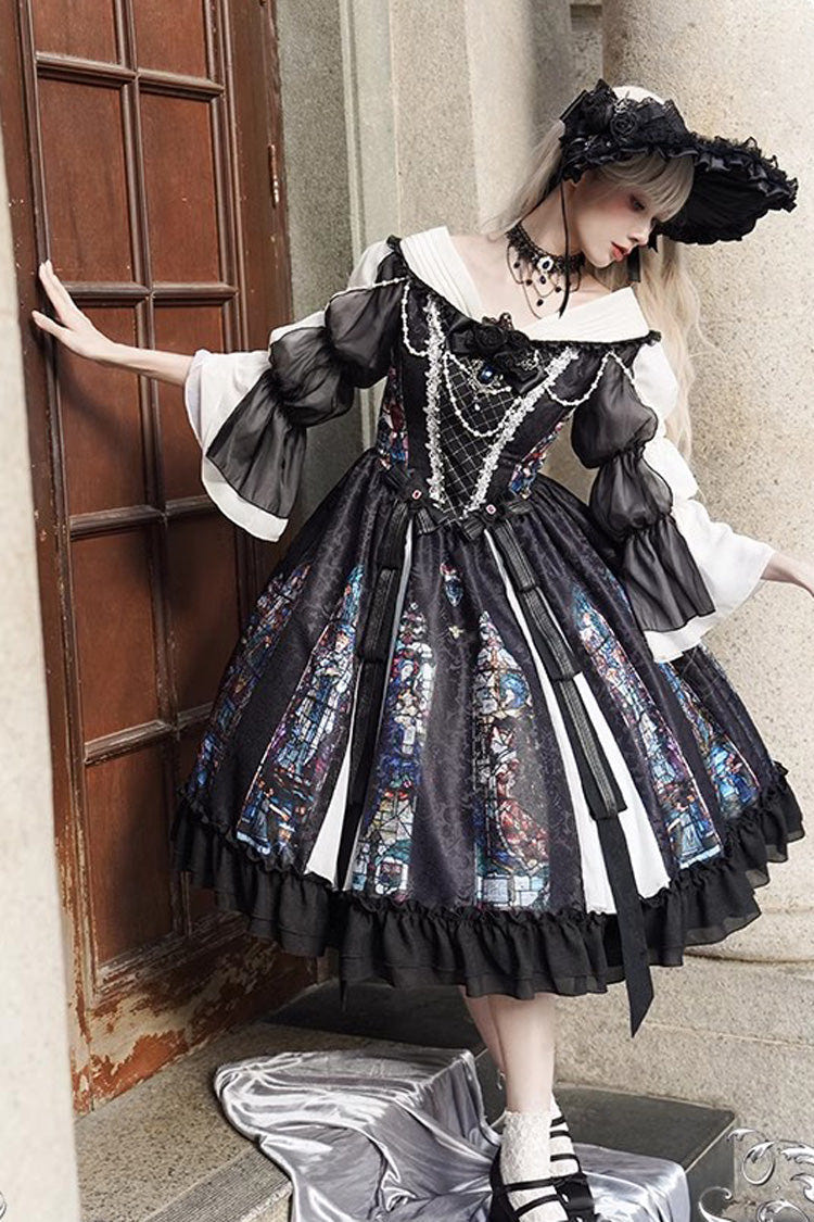 Black Stained Window Print Ruffle Bowknot Gothic Elegant Lolita Jsk Dress - Black - 1