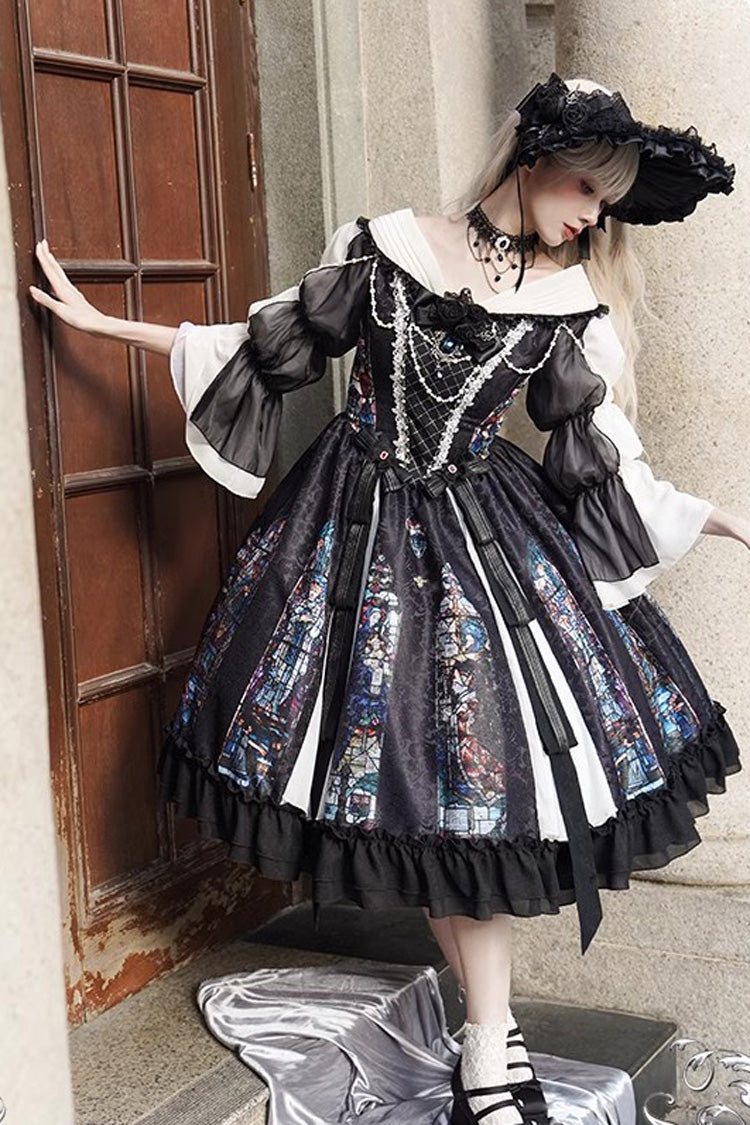 Black Stained Window Print Ruffle Bowknot Gothic Elegant Lolita Jsk Dress - Black - 1