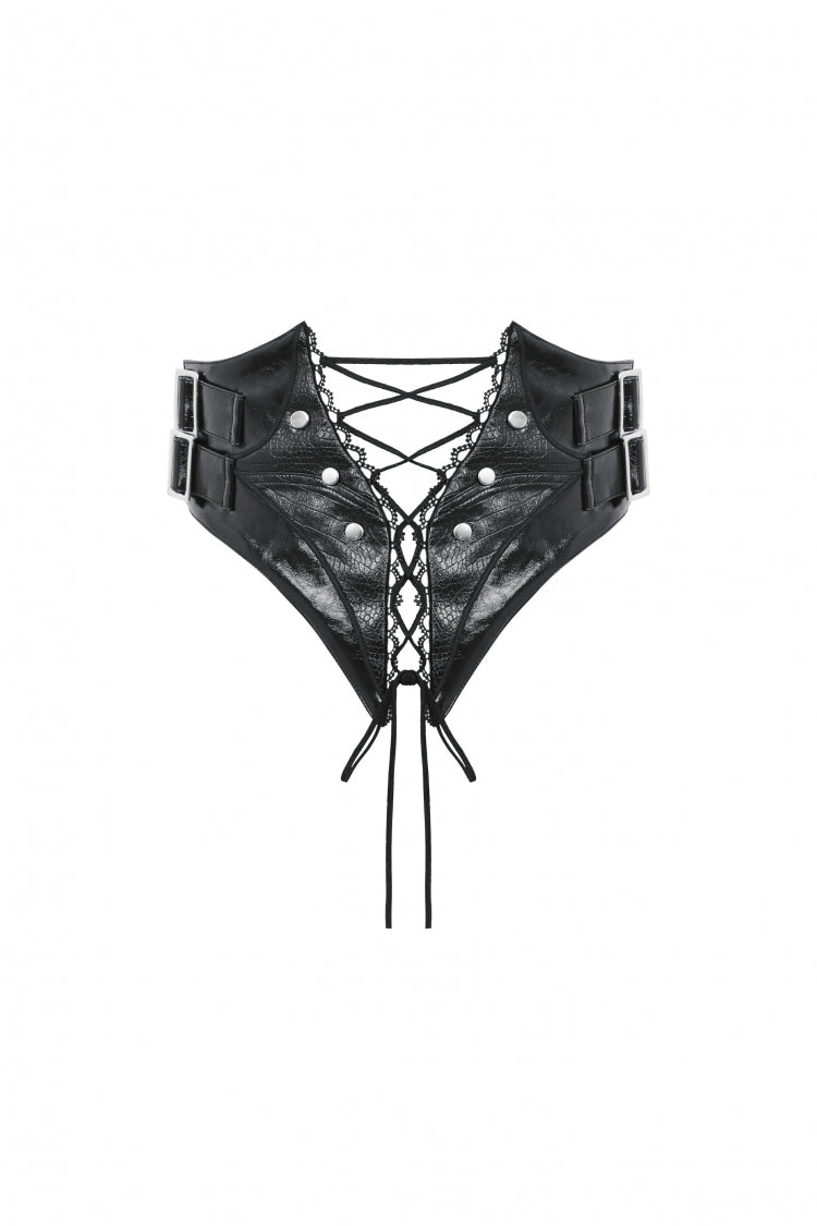 Black Lace-Up Buckled Zippered Women's Punk Shiny PU Corset - Product - 3