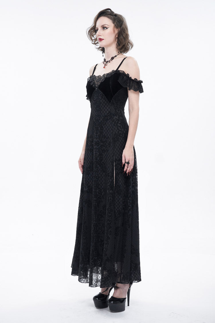 Black Velvet Lace Off Shoulder Ruffled Double Layer Slit Women's Gothic Dresses - Product - 6