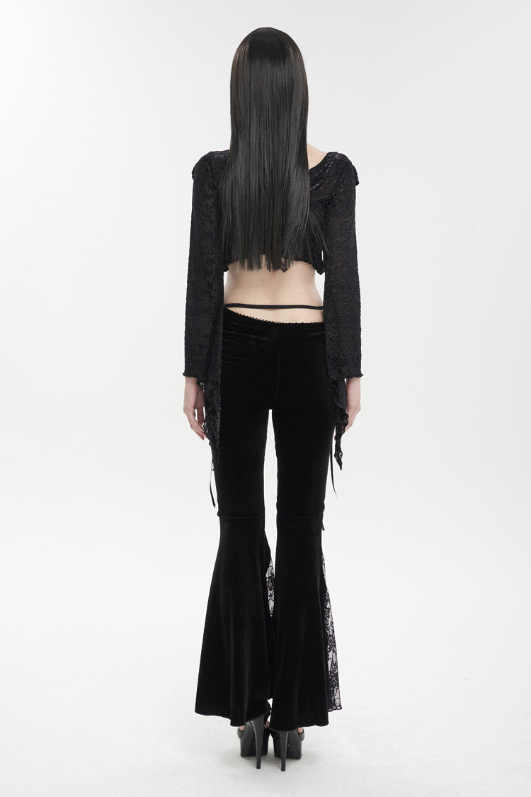 Black Velvet-Paneled Mesh Side-Adjustable Asymmetrical Women's Gothic Leggings - Product - 8