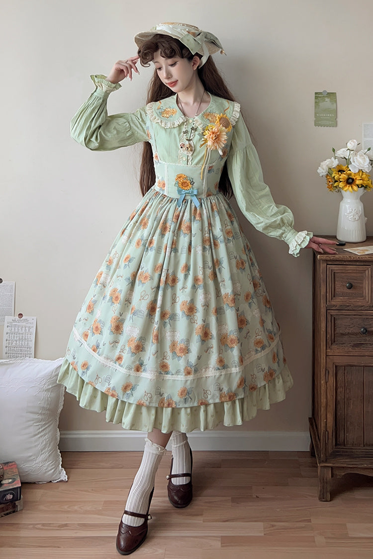 Green [Gardening Sunflower] Sleeveless Print Ruffle Bowknot Sweet Elegant Uplift Lolita Jsk Dress - Green - 1