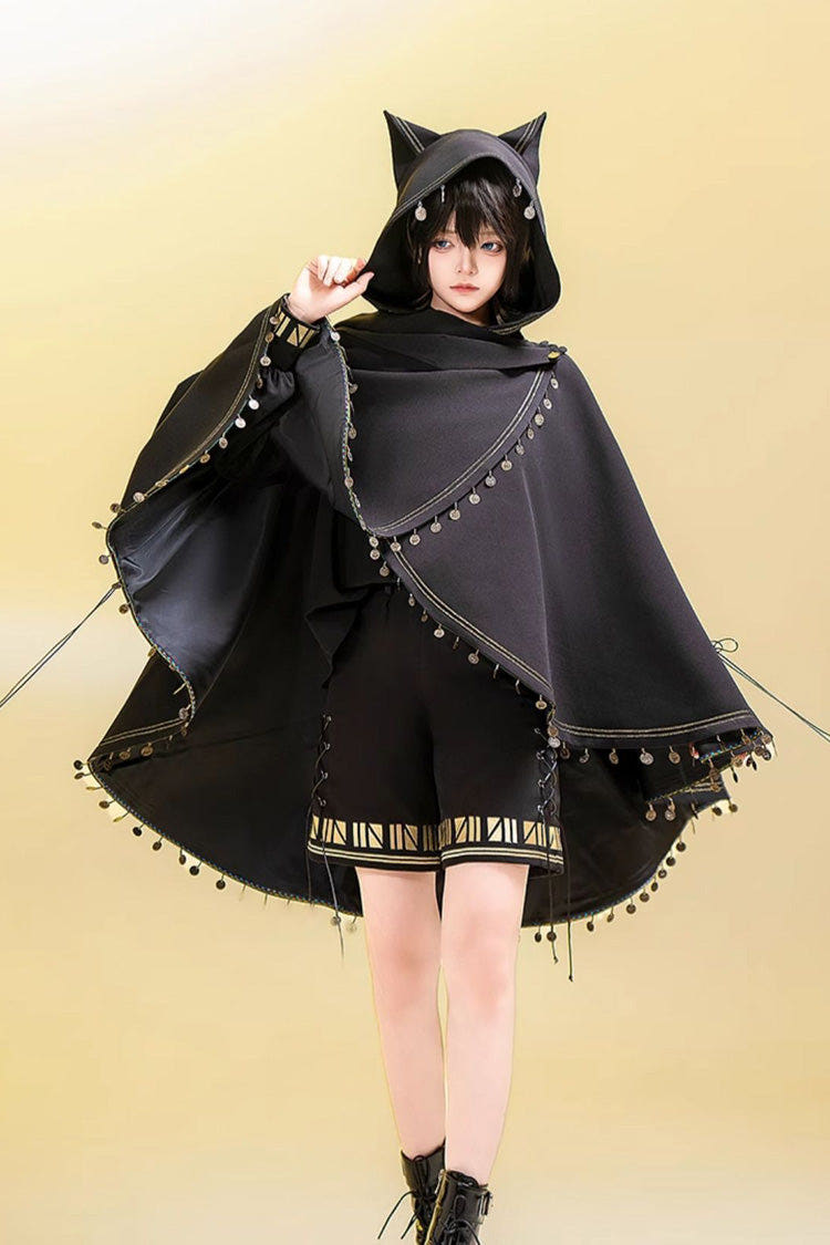 Black [Black Cat] Embroidery Cat Ears Hooded Ouji Gothic Prince Handsome Lolita Cloak - Black - 1