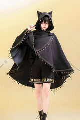 Black [Black Cat] Embroidery Cat Ears Hooded Ouji Gothic Prince Handsome Lolita Cloak - Black - 1