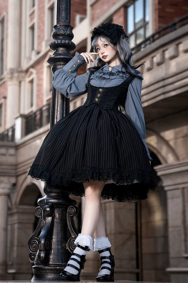 [Dreamlike Realm] Sleeveless Printed Ruffled Embroidered Bustier Elegant Sweet Lolita Jsk Dress 4 Colors - Black(Short) - 20