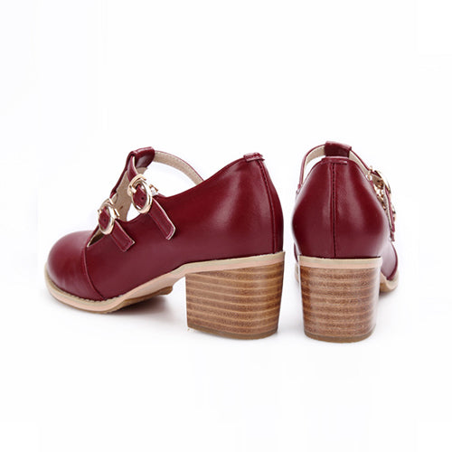Retro Wine Red Double Buckles Mid Heel Lolita Shoes - Product - 4