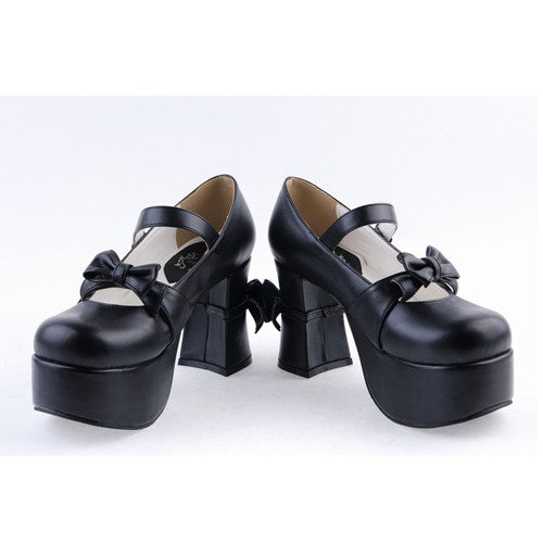 Black Round Toe Strap Bow Platform Classic Lolita Shoes - Product - 5