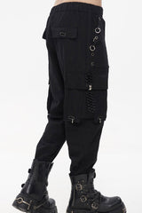 Black Punk Tatting Multi-Pocket Metal Chain Cargo Men's Pants - Product - 4