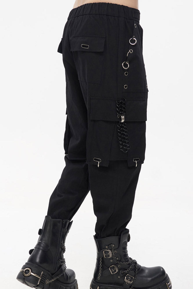Black Punk Tatting Multi-Pocket Metal Chain Cargo Men's Pants - Product - 4