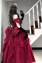 Red [Bright Stars] Off Shoulder Ruffle Bowknot Asymmetric Sweet Elegant Princess Lolita Dress - Product - 7
