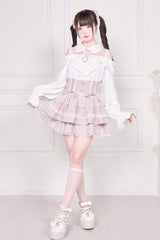 Jirai Kei Off Shoulder Long Sleeves Print Bowknot Lace-Up Sweet Japanese Blouse 3 Colors - Product - 15