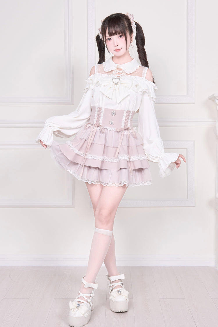 Jirai Kei Off Shoulder Long Sleeves Print Bowknot Lace-Up Sweet Japanese Blouse 3 Colors - Product - 15