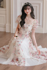 White Floral Pattern Square Collar Short Puff Sleeves Ruffled Open-Front Spliced Sweet Lolita Dress - Product - 12