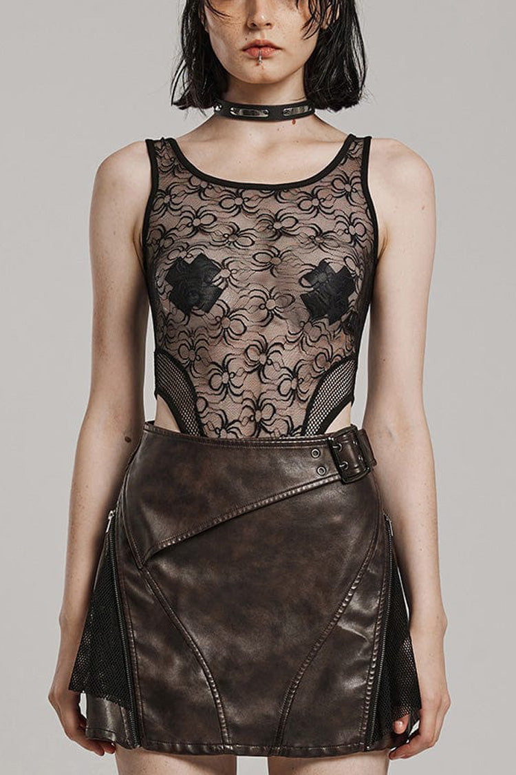 Sleeveless Print Hollow Lace Mesh Sheer Womens Steampunk Bodysuit 3 Colors - Grey - 16