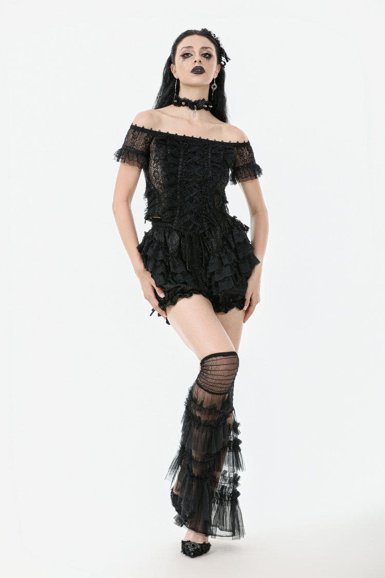 Black Women's Lolita Gothic Embroidered Flower Multilayered Lace Trim Lantern Shorts - Black - 1