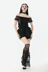 Black Women's Lolita Gothic Embroidered Flower Multilayered Lace Trim Lantern Shorts - Black - 1