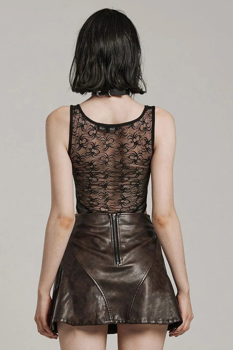 Sleeveless Print Hollow Lace Mesh Sheer Womens Steampunk Bodysuit 3 Colors - Product - 18