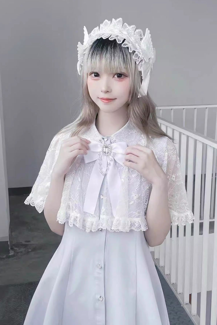 Lace Shawl Sleeveless Bowknot Chiffon Slim Jirai Kei Dress 2 Colors - Product - 10