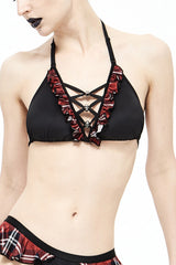 Black/Red Lace-Up Frilly Chest Skull Bell Women's Punk Swimsuit Top - Black/Red - 1