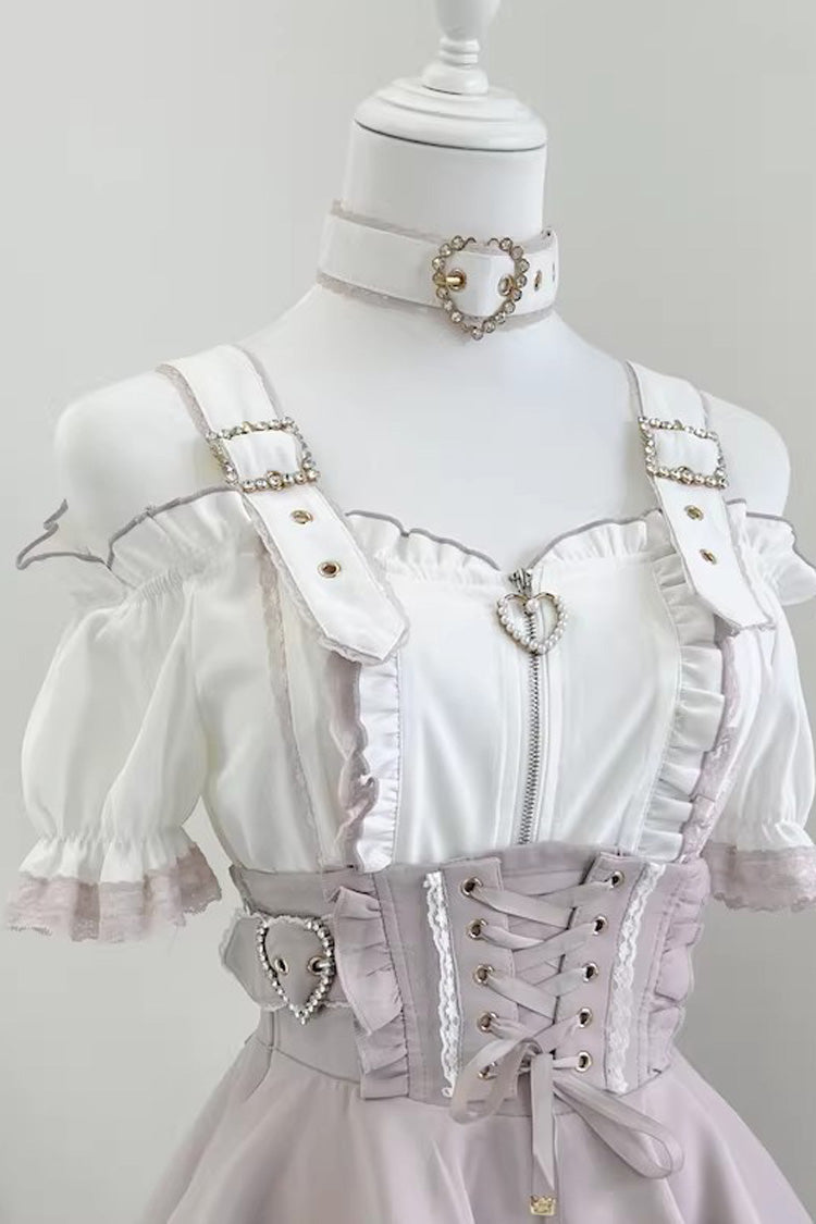 Jirai Kei [Heartbeat Buffy] Stand Collar Sleeveless Triple-Layered Ruffled Lace-Up Zippered Sweet Japanese Skirt and Blouse detail view 16
