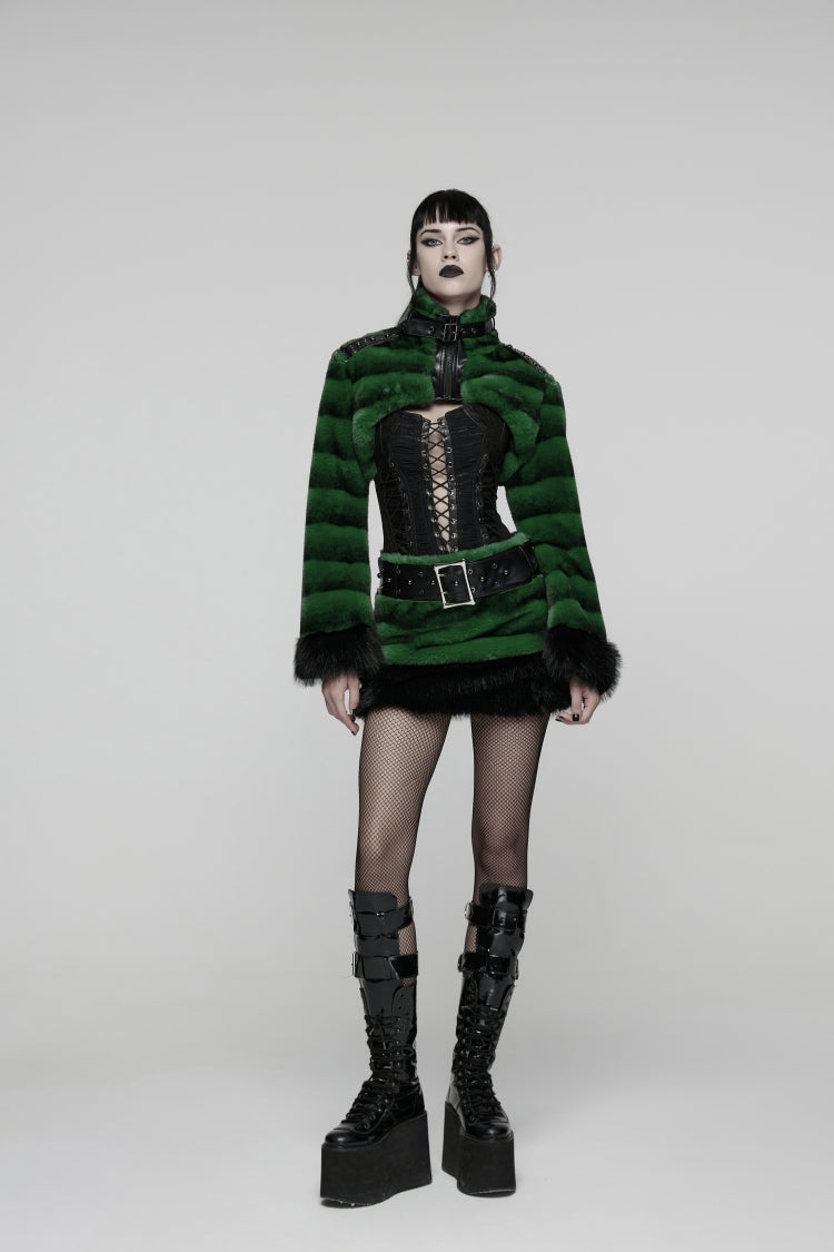 Green Women's Punk Faux Fur Skirt with Belt - Product - 12
