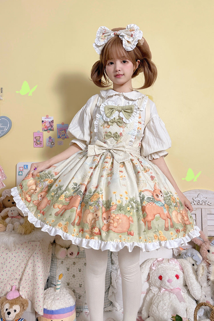 Multi-Color [Little Deer Gathering] Sleeveless Print Ruffle Bowknot Daily Sweet Lolita Strap Dress - Multi-Color - 1