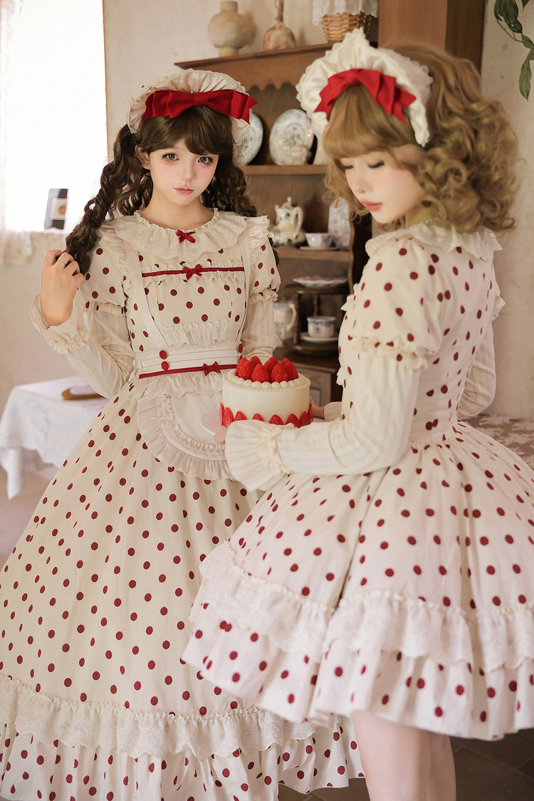 Apricot [Lollipop] Cotton Round Collar Long Lantern Sleeves Polka Dot Printed Ruffled Bow Lace Sweet Elegant Lolita Dress 2 Versions - Product - 12