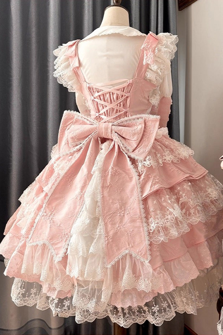 Pink [Ten Miles of Peach Blossoms] Sleeveless Multi-Layered Ruffle Embroidery Cardigan Bowknot Lace Pearl Sweet Gorgeous Lolita Jsk Dress - Product - 6