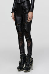 Black Hollow Metal Eyelet Strap Lace-Up Women's Steampunk Leggings - Product - 2