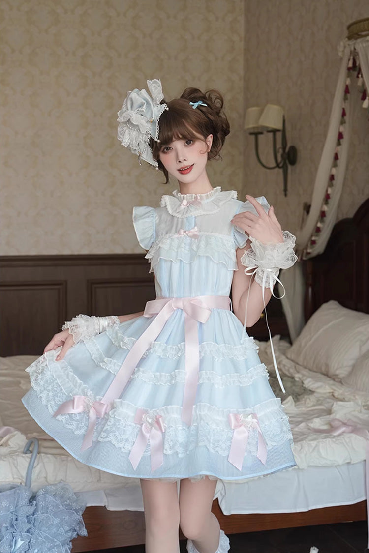 Blue [Frosted Cake] Stand Collar Sleeveless Ruffled Bow Lace Sweet Japanese Princess Lolita Tiered Dress - Product - 5