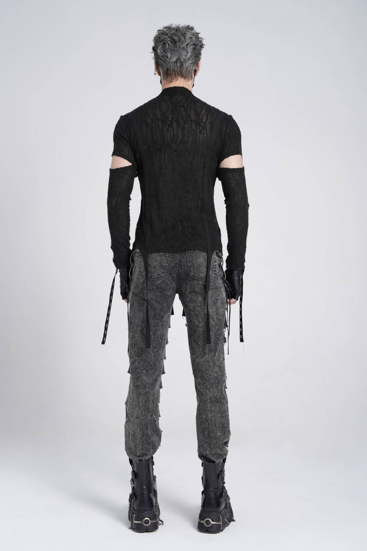 Black Long Sleeves Strap Lace-Up Irregular Mesh Men's Gothic T-Shirt - Product - 7