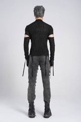 Black Long Sleeves Strap Lace-Up Irregular Mesh Men's Gothic T-Shirt - Product - 7