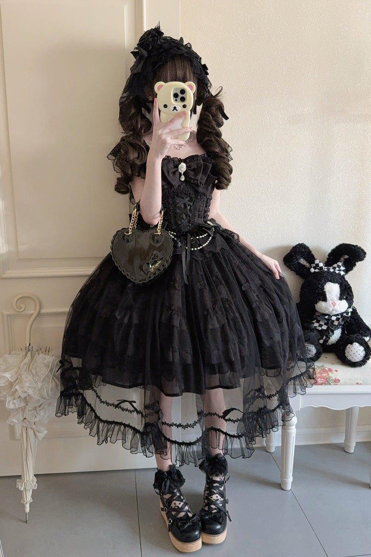 Black [Eternal Vow] Sleeveless Multi-Layered Ruffle Hanayome Bowknot Lace Lace-Up Gothic Lolita Jsk Dress - Product - 3