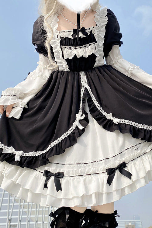 Black/White Ruffled Long Sleeves Detachable Trumpet Sleeves High Waisted Sweet Lolita OP Dress - Product - 2