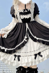 Black/White Ruffled Long Sleeves Detachable Trumpet Sleeves High Waisted Sweet Lolita OP Dress - Product - 2