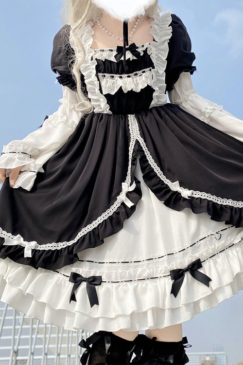 Black/White Ruffled Long Sleeves Detachable Trumpet Sleeves High Waisted Sweet Lolita OP Dress - Product - 2