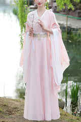 Pink V Collar High Waisted Lace-Up Women's Sweet Hanfu Dress - Pink - 1