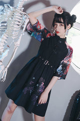 Black Stand Collar Hundred Ghosts Night Walk Colorful Print Short Sleeves High Waisted Sweet Lolita Dress - Product - 5