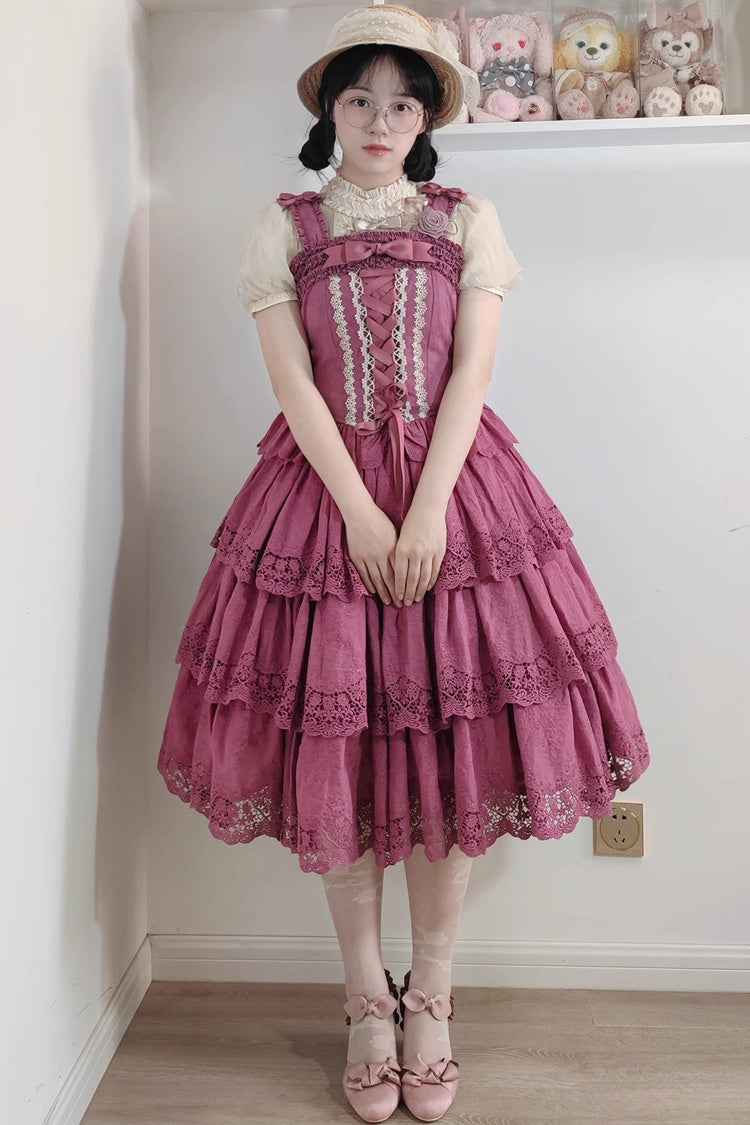 Berry Purple [Forest Waltz] Embroidery Bowknot Lace-Up Slim Sweet Elegant Lolita Suspender Top - Product - 5