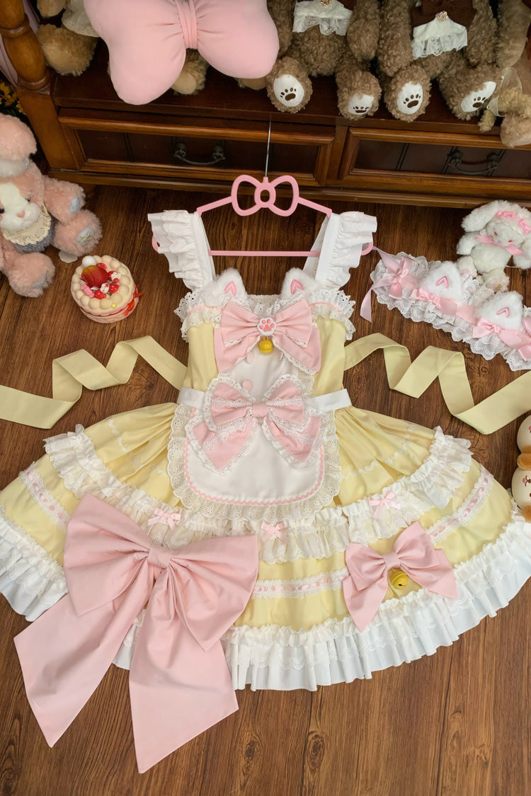 Yellow [Meowling Sweet Maid] Sleeveless Multi-Layered Ruffle Bowknot Lace Sweet Princess Lolita Jsk Dress - Product - 3