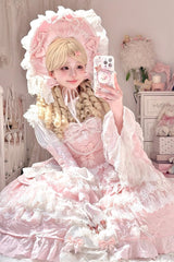Pink [Ten Miles of Peach Blossoms] Sleeveless Multi-Layered Ruffle Embroidery Cardigan Bowknot Lace Pearl Sweet Gorgeous Lolita Jsk Dress - Product - 3