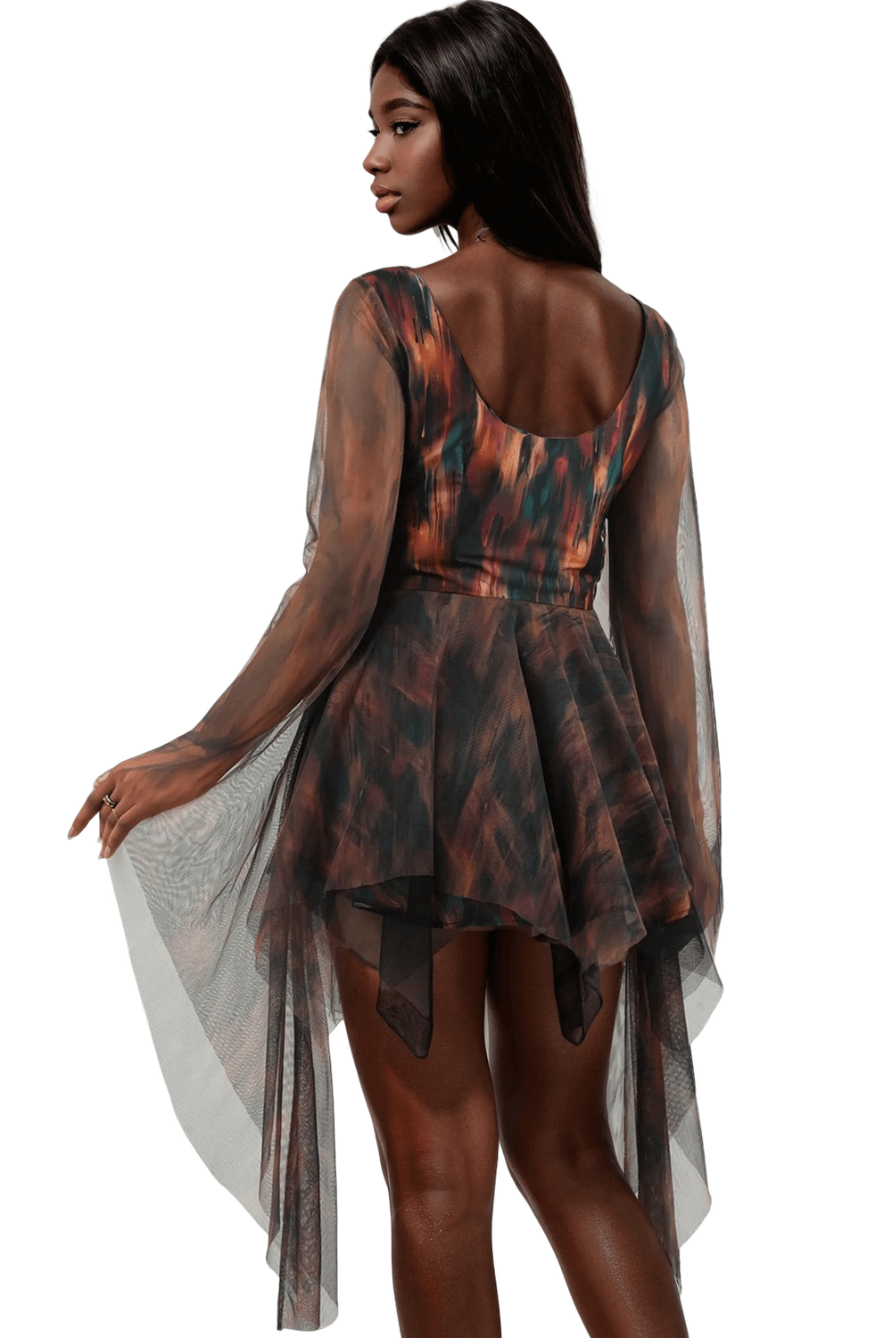 Abstract Mini Dress with Sheer Sleeves and Layers - image 2