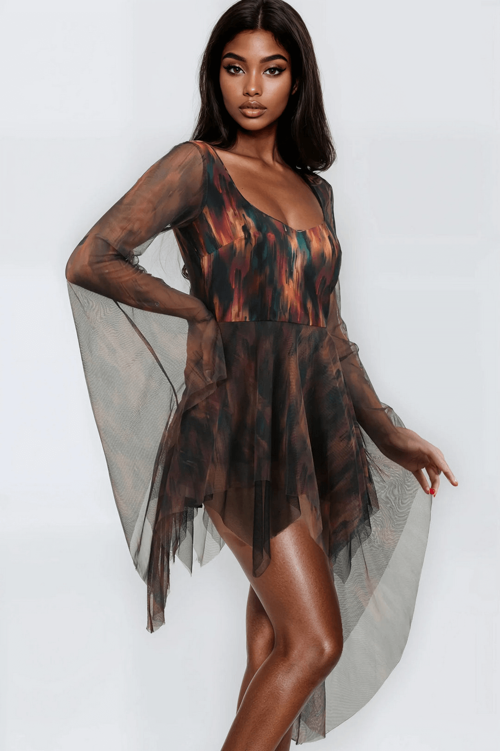Abstract Mini Dress with Sheer Sleeves and Layers - image 3