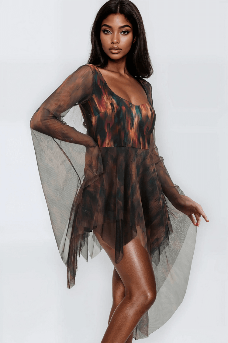 Abstract Mini Dress with Sheer Sleeves and Layers - image 3