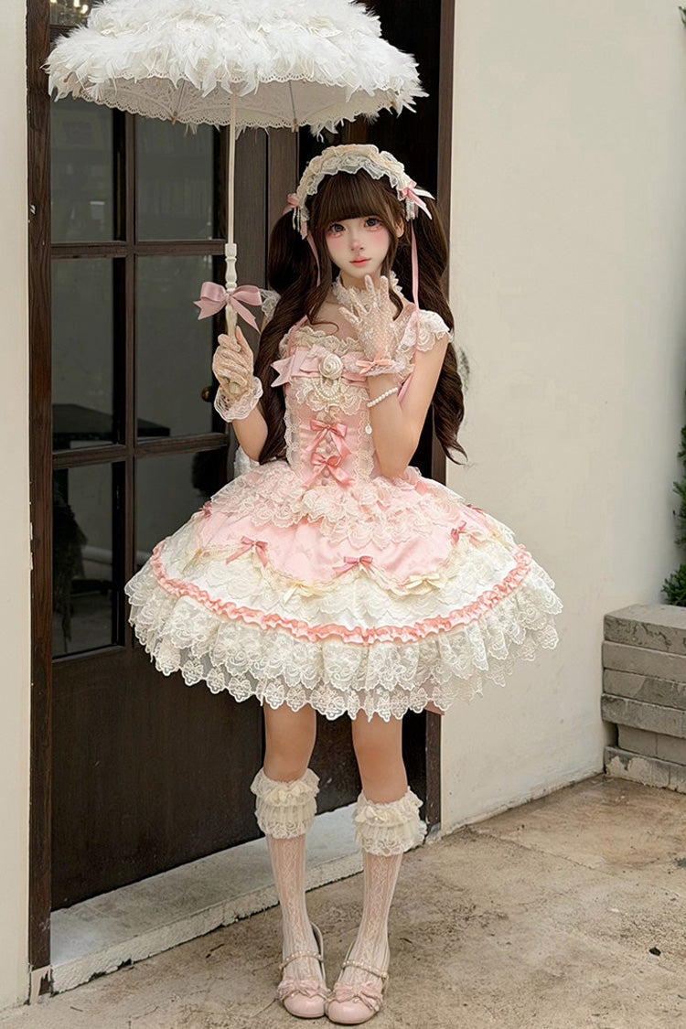 Pink [Rose Feather Romance] Square Collar Ruffled Bow Lace Ballet Sweet Lolita Jsk Dress - Product - 8