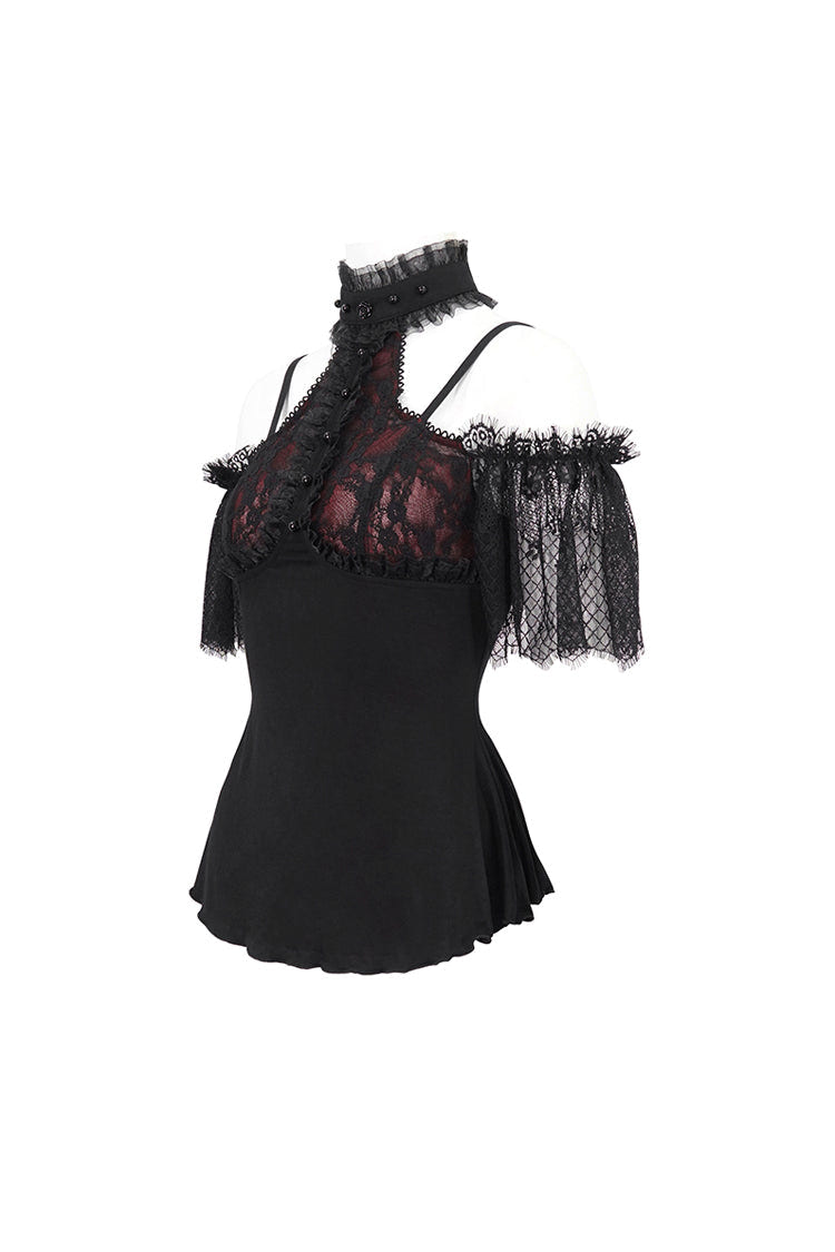 Black/Red Off Shoulder Lace Round Collar Splice Women's Gothic Shirt - Product - 9