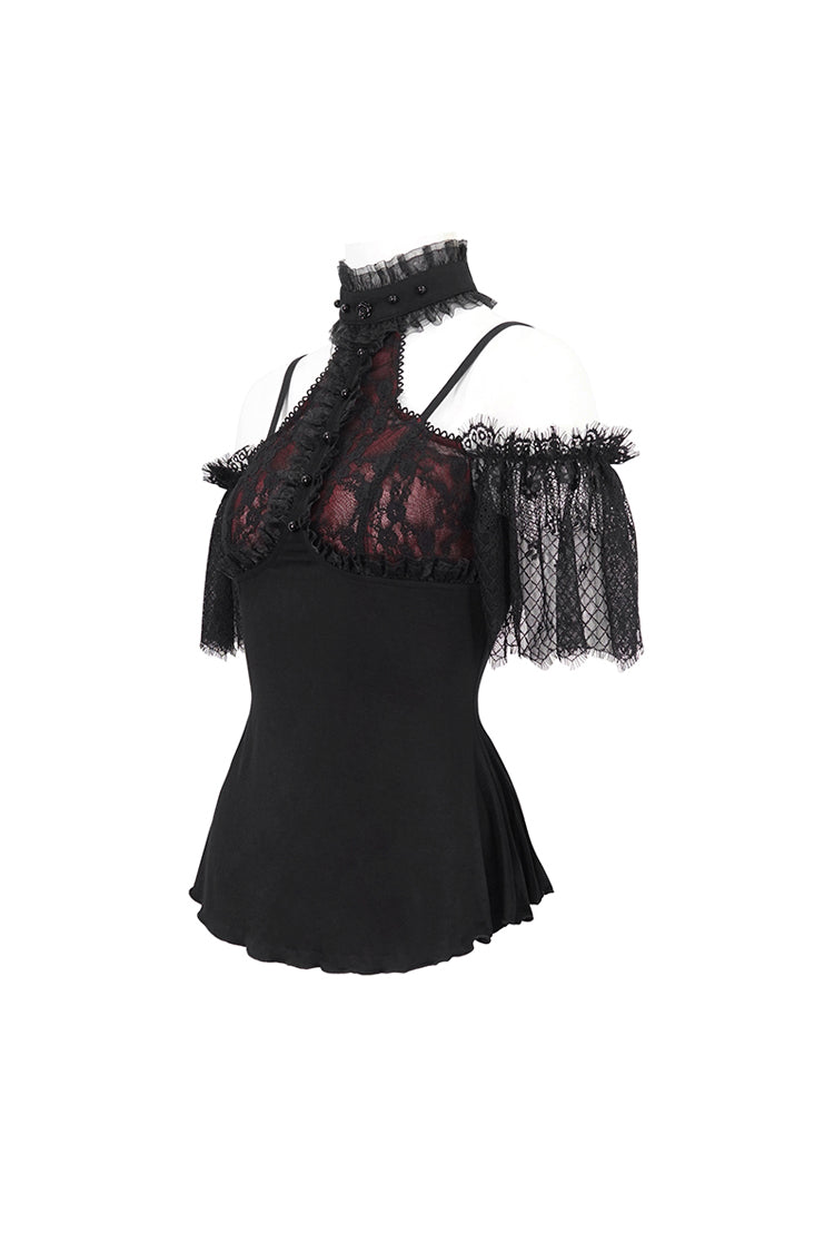 Black/Red Off Shoulder Lace Round Collar Splice Women's Gothic Shirt - Product - 9