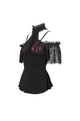 Black/Red Off Shoulder Lace Round Collar Splice Women's Gothic Shirt - Product - 9